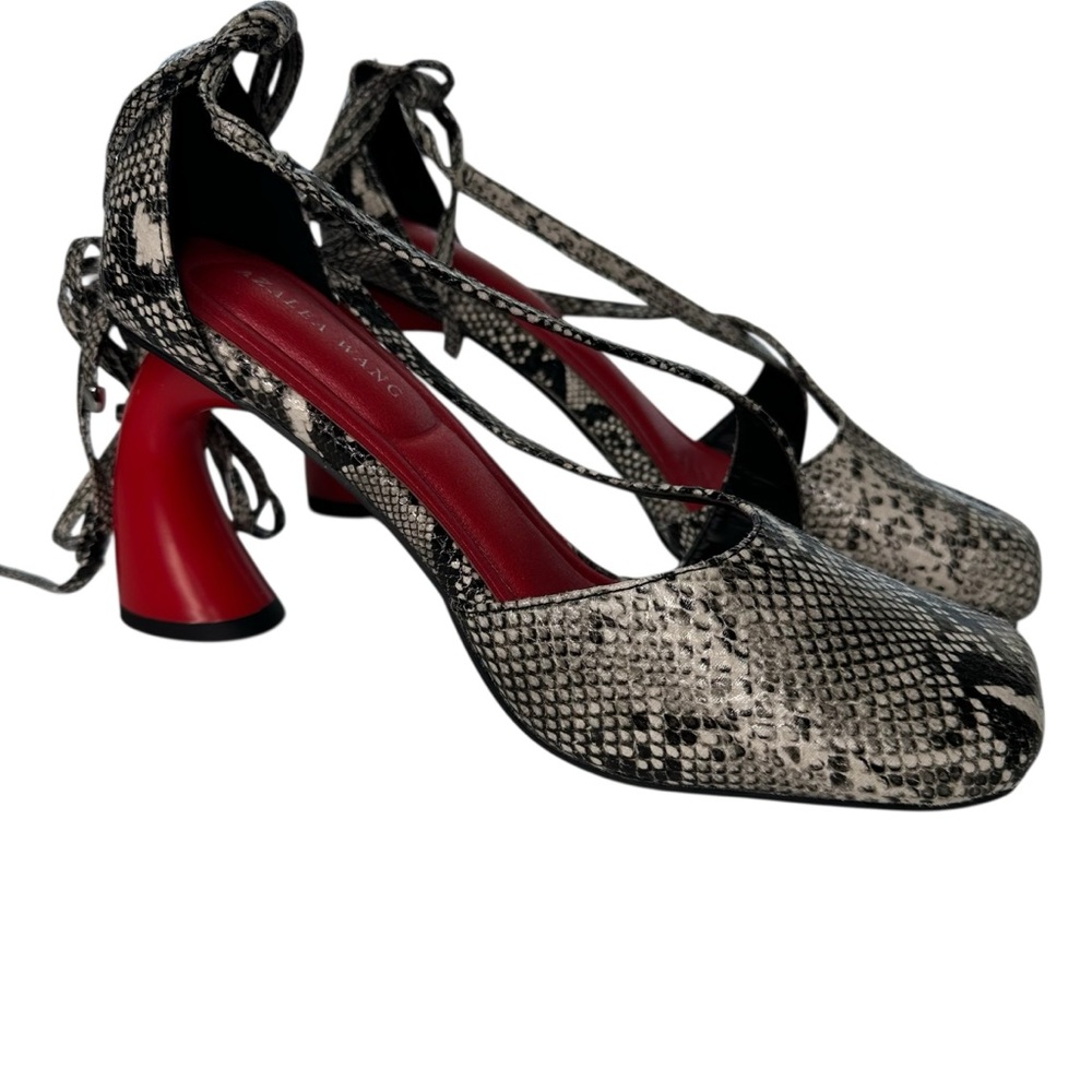 AZALEA WANG BUIKY SNAKE CONTRAST CURVED HEEL OPEN TOE PUMP - Picture 7 of 11